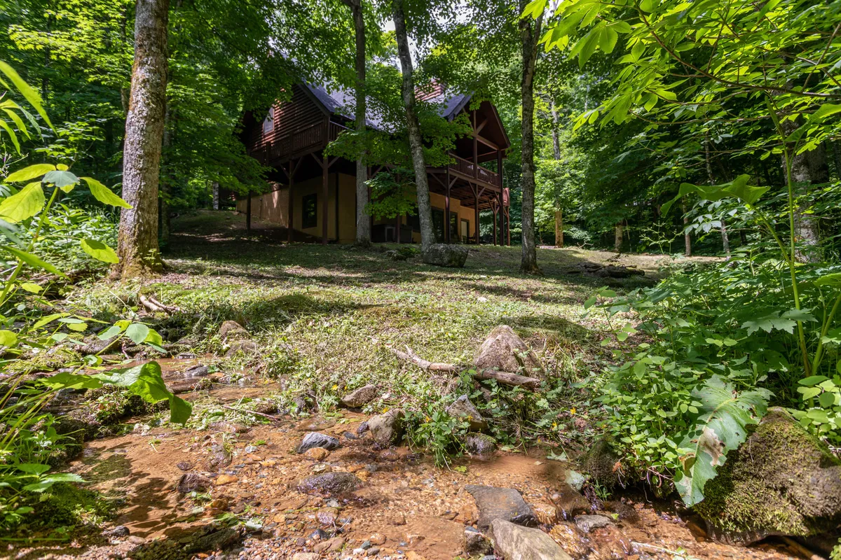 A wide shot of the house nestled among trees with a stream in the foreground and lush greenery all around. The scene captures the property's peaceful, natural setting and hints at access to hiking and biking trails right from your doorstep.