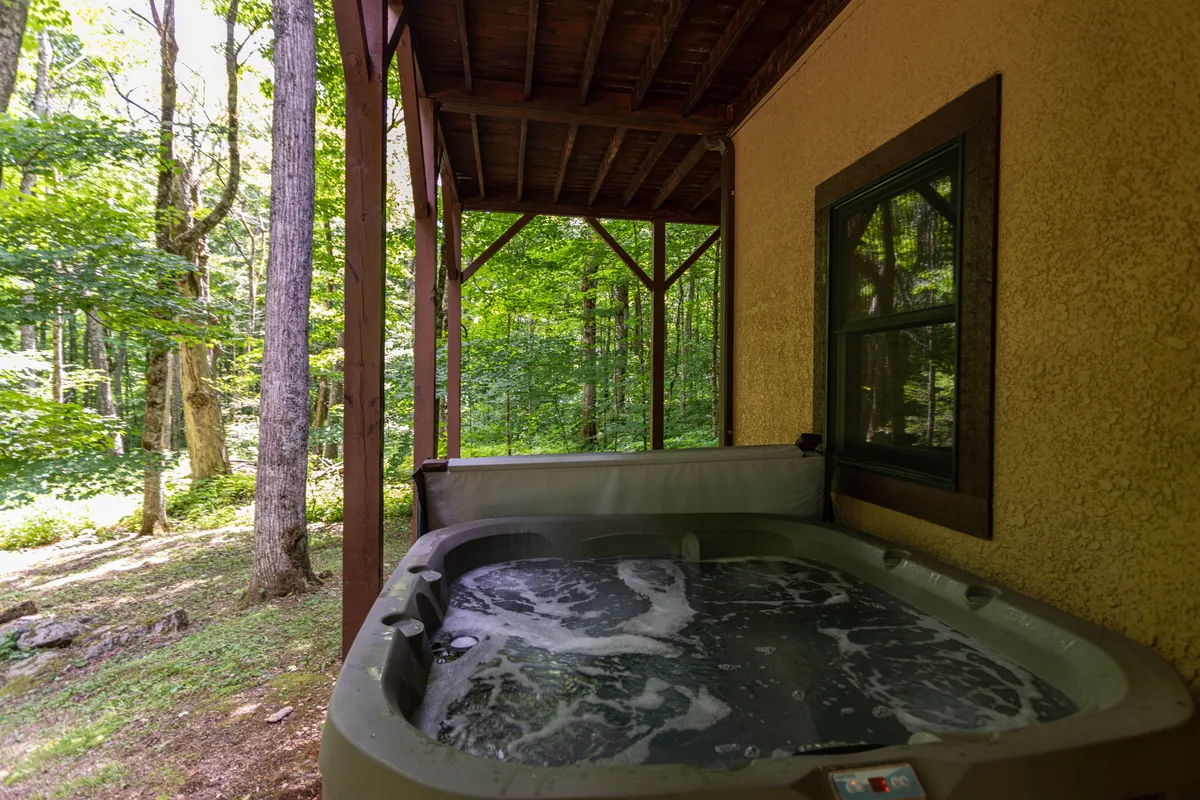 This exterior image features a serene hot tub surrounded by lush trees, offering a tranquil setting for relaxation and unwinding after a day of adventure. The natural setting emphasizes immersion in nature, with the hot tub perfectly positioned for stargazing or soothing sore muscles post-ski or hike.